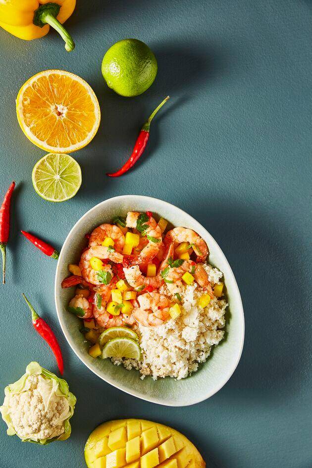 Gambas con mango sobre arroz de coliflor - Receta Perfectmix + | Moulinex