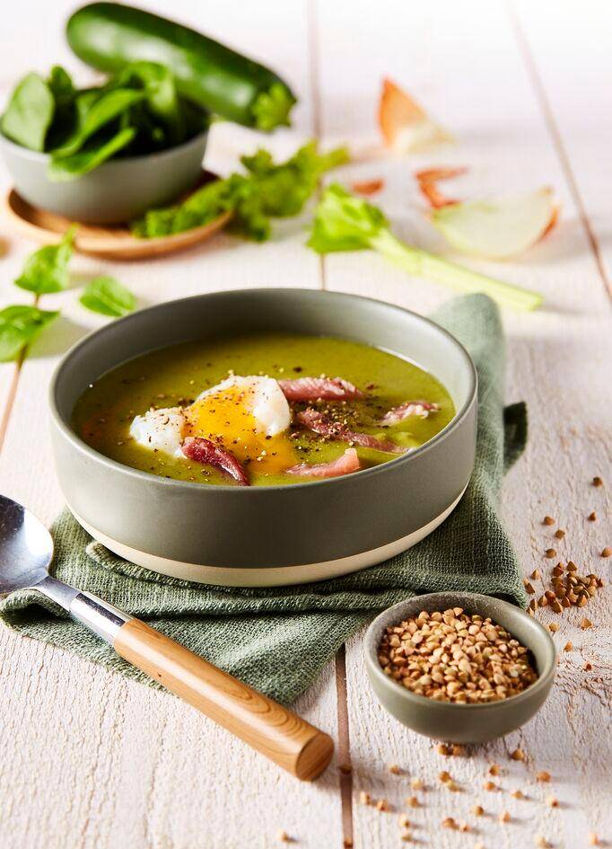 Sopa de trigo sarraceno con espinacas y huevos pasados por agua - Receta Perfectmix Cook | Moulinex